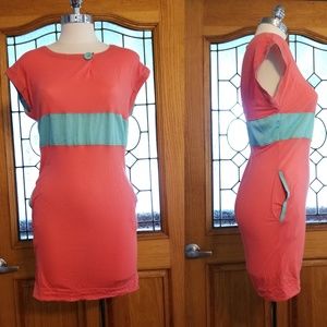 Priscie Coral and Teal Mod Stripe Sheath Dress